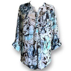 Chicos Womens Top Sz 3 16 18 Blue Gray Floral Stretch Mesh Popover Blouse Shirt